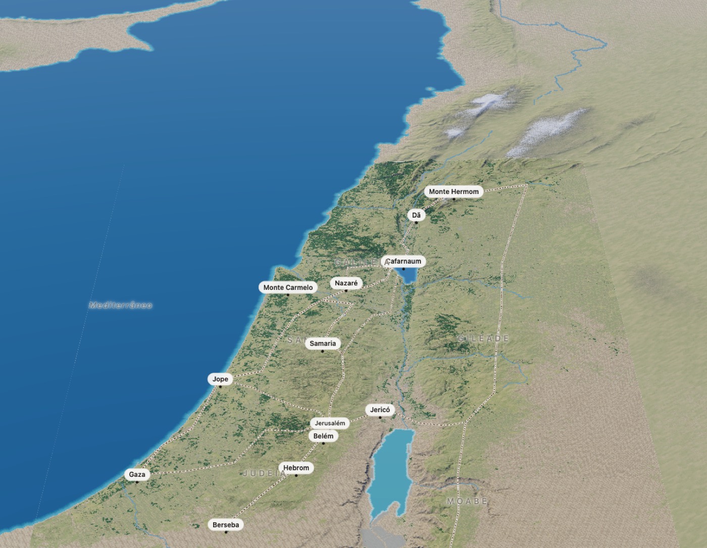 Mapa em relevo da Terra Santa com Jerusalém, Jericó, Belém, Nazaré, Cafarnaum e o Mar Morto marcados